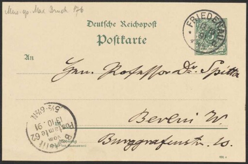 Postkarte an Philipp Spitta : 13.10.1891