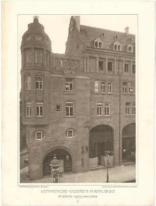 Billing, Hermann; Karlsruhe (Baden-Württemberg), Kaiserstr. 201; Haus Ströbe, Hofapotheke - Fassade, Erker, Schaufenster, (Ansicht)