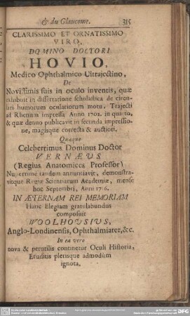 [Octavo.] Clarissimo Et Ornatissimo Viro, Domino Doctori Hovio, Medico Ophthalmico Ultrajectino