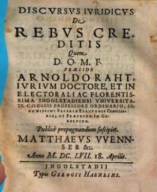 Discvrsvs Ivridicvs De Rebvs Creditis