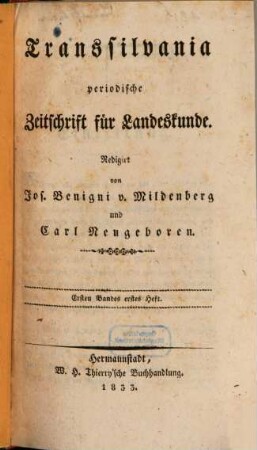 Transsilvania : periodische Zeitschrift für Landeskunde, 1. 1833