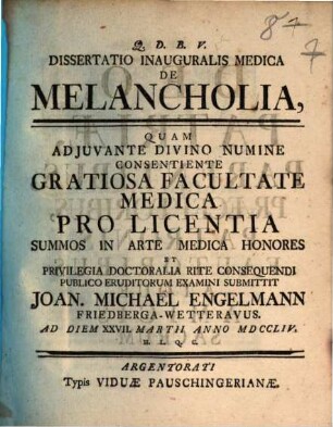 Dissertatio Inauguralis Medica De Melancholia