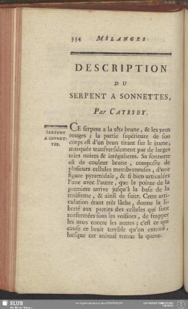 Description Du Serpent A Sonnettes, Par Catesby