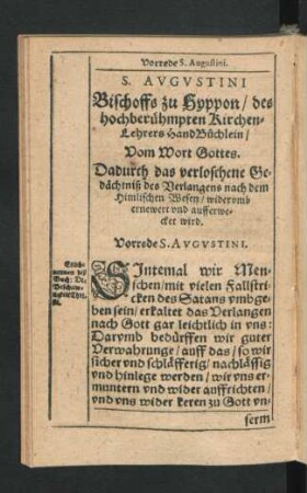 S. Augustini Bischoffs zu Hyppon/ des hochberühmten Kirchen-Lehrers HandBüchlein/ Vom Wort Gottes.