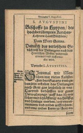 S. Augustini Bischoffs zu Hyppon/ des hochberühmten Kirchen-Lehrers HandBüchlein/ Vom Wort Gottes.