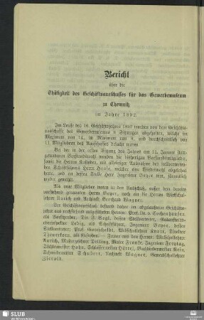 Bericht über die Thätigkeit des Geschäftsausschusses für das Gewerbemuseum zu Chemnitz im Jahre 1892