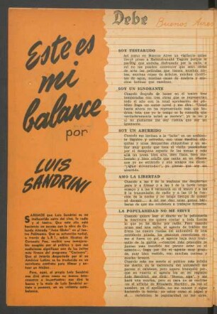 Este es mi balance - Por Luis Sandrini : Debe [y] haber, Buenos Aires, Agosto de 1945