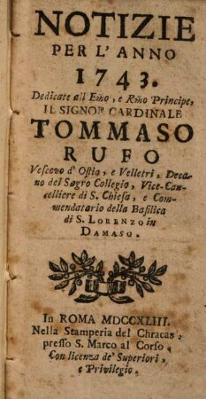 Notizie : per l'anno ..., 1743