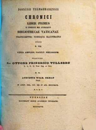 Dionysii Telmahharensis Chronici Liber ... : e codice Mss. Syriaco Bibliothecae Vaticanae transcriptus notisque illustratus. 7
