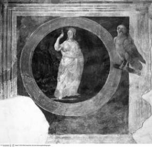 Ruinenlandschaften, umrahmt von mythologischen Figuren, Westwand, Supraporte: Medaillon mit Athene und Eule