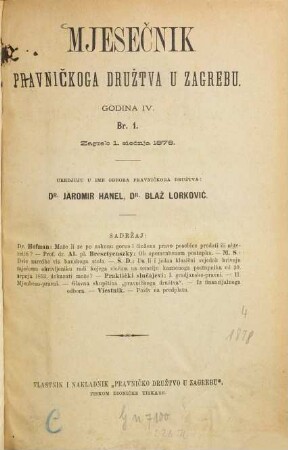 Mjesečnik : glasilo Pravničkoga Društva. 4. 1878