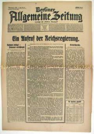 Tageszeitung "Berliner Allgemeine Zeitung" u.a. mit einer Erklärung des Reichsregierung zur Besetzung des Ruhrgebiets