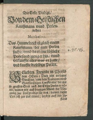 Die Erste Predigt/ Von dem Geistlichen Kauffmann unnd Perlensucher: