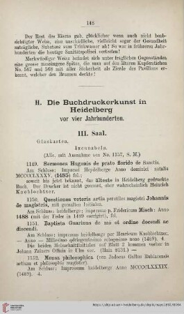 H. Die Buchdruckerkunst in Heidelberg vor vier Jahrhunderten (Nr. 1149 - 1162)