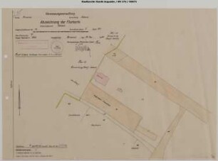Asbach, Bahnhof. Bereich Stationsgebäude und Lokschuppen. Abzeichnung der Flurkarte