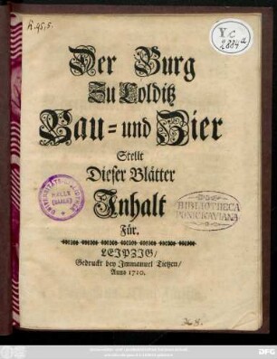 Der Burg Zu Colditz Bau- und Zier Stellt Dieser Blätter Jnhalt Für