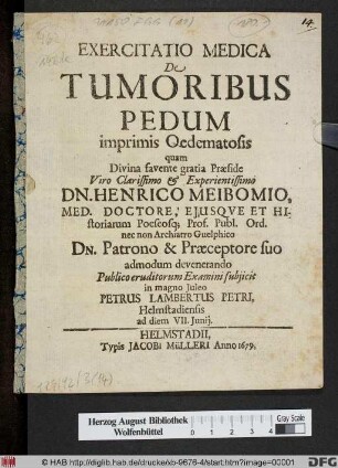 Exercitatio Medica De Tumoribus Pedum imprimis Oedematosis