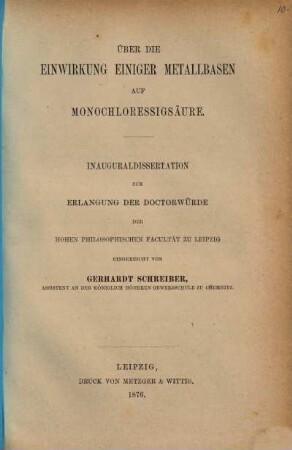 Über die Einwirkung einiger Metallbasen auf Monochloressigsaeure : Inaug. Diss.
