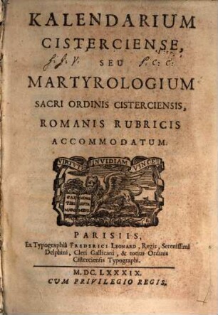 Calendarium Cisterciense : seu martyrologium sacri ordinis Cisterciensis, Romanis rubricis accomdatum