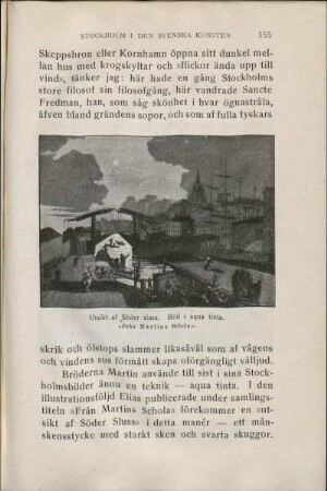 Utsikt af Söder sluss. Bild i aqua tinta. "Fån Martins Schola."