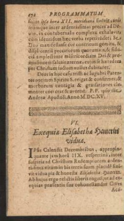 VI. Exequiae Elisabethae Hauerin viduae.