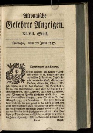 XLVII. Stück. Montags, vom 20 Junii 1757