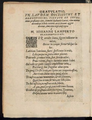 Gratulatio, In Laudem Doctissimi Et Honestissimi, Pietate Et Eruditione praestantis viri, Domini Zachariae Garcaei ...