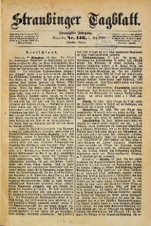 Straubinger Tagblatt : Straubinger Zeitung ; Straubinger Anzeiger ; gegründet 1860. 20. 1880, 2