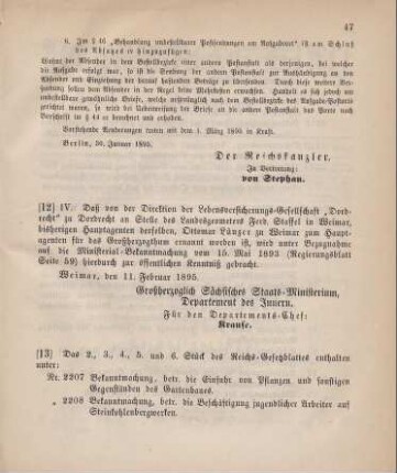 12. Ministerial-Bekanntmachung, betreffend Wechsel in der Hauptagentur der Lebensversicherungs-Gesellschaft "Dordrecht" zu Dordrecht