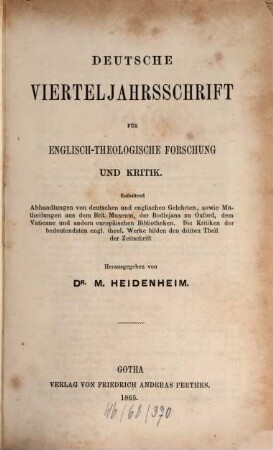 Deutsche Vierteljahrsschrift für englisch-theologische Forschung und Kritik, [2.] 1863/65, 30. Mai - 28. Dez. = Nr. 5 - 8