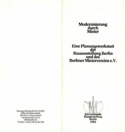 Flyer: Programm IBA-Planungswerkstatt,               Modernisierung durch Mieter