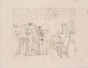Zu Goethes "Faust": Blatt 14 (12): Gretchen mit dem neuen Schmuck bei Frau Marthe
