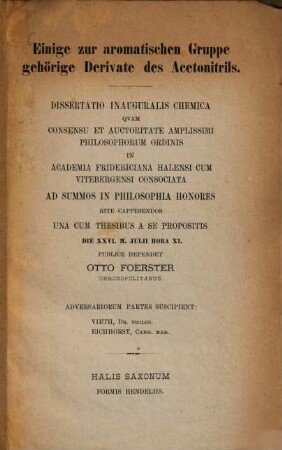 Einige zur aromatischen Gruppe gehörige Derivate des Acetonitrils : Diss. inaug.