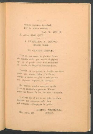 El cantor criollo : A Francisco N. Bianco (Pancho Cueva). - [Sonetillo]