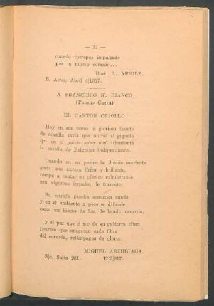 El cantor criollo : A Francisco N. Bianco (Pancho Cueva). - [Sonetillo]