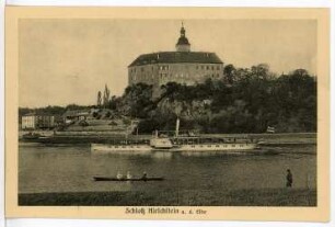 Hirschstein. Schloss mit Elbe und Dampfer