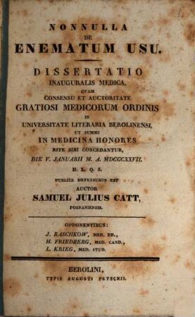 Nonnulla de enematum usu : Diss. inaug. med.