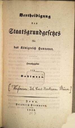 Vertheidigung des Staatsgrundgesetzes für das Königreich Hannover