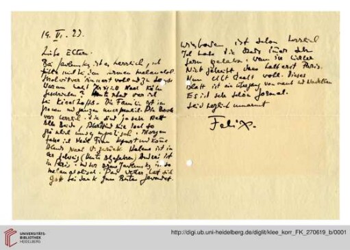 Familienkorrespondenz Klee: Brief von Felix Klee an Lily Klee und Paul Klee