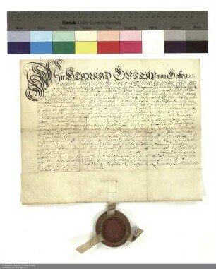 Lehenbrief Bernhard Gustavs [Markgraf von Baden-Durlach], Abt von Fulda, für Johann Hubert Gerlach über ein Haus mit Garten in Fulda