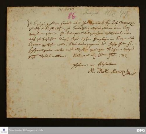 Brief von Matthias Merckel an Sophie Jakobine Urlsperger.