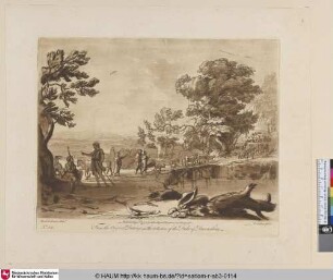 [Landschaft mit Holzbrücke und heimziehender Herde]