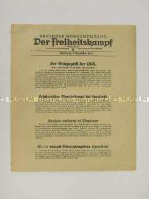 Nachrichtenblatt der sächsischen NSDAP-Zeitung "Der Freiheitskampf" mit Kurzmeldungen von verschiedenen Kriegsschauplätzen u.a. über die Außenpolitik Englands