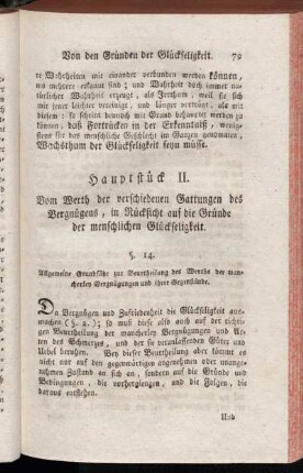 Hauptstück II. Vom Werth der verschiedenen Gattungen des Vergnügens, in Rücksicht auf die Gründe der menschlichen Glückseligkeit.
