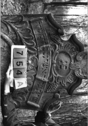 Grabstein 754 (Index: 99751601) Material: Sandstein Zustand: Schrift abgeblätt/fast völl. Textverlust Maße HxBxT: 164x83x12 cm Beschreibung: Stele, geschwungener Abschluß, ovales Schriftfeld eingetieft Symbolik: Trauben, Muschel, Blätter, Girlande, Band: Grabstein 754A