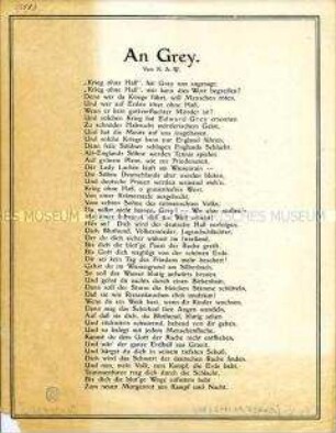 Patriotisches Kriegsgedicht an den englischen Politiker Grey