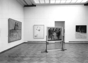 Dresden. Ausstellung "Wort und Weise. Exemplarisches aus der Sammlung Reiner Speck, Köln" im Georgenbau des Dresdner Schlosses vom 06.06.-22.08.1990 (S. Polke, geboren 1941, Blaue Küchenfiguren, Polyester, Kunststoffsiegel, Liebespaar, Lack, Leinwand, Hütchenspieler, Öl, transparente Kunststofffolie, Holz, Schrott, Dispersion, Leinwand)