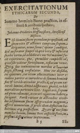 Exercitationum Ethicarum Secunda, De Summo hominis Bono practico, in essentiâ & attributis spectato