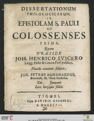 Band 1: Dissertationum Philologicarum, In Epistolam S. Pauli Ad Colossenses ...: ... Prima