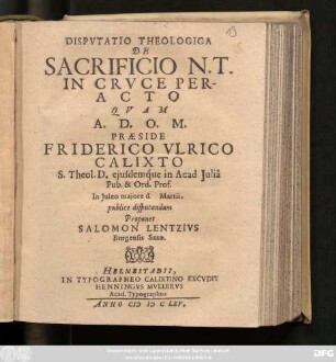 Disputatio Theologica De Sacrificio N.T. In Cruce Peracto